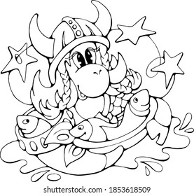 Pretty Cartoon Scandinavian Cow with fishes, black and white isolated vector doodle stock illustration, print for coloring, books, greeting / invitation card, t-shirt, fabric, logo, website or apps