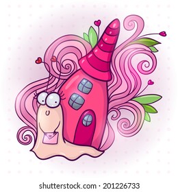 Pretty cartoon snail with fairy house on her back