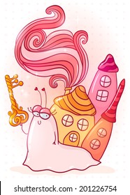 Pretty cartoon snail with fairy house on her back and a magic key