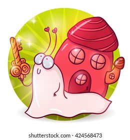 Pretty cartoon snail with fairy house on her back and a magic key