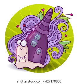 Pretty cartoon snail with fairy house on her back