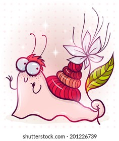 Pretty cartoon snail with magic flower