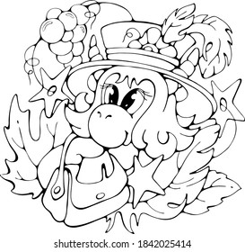 Pretty Cartoon Star Cow in a fancy hat, cute black and white isolated vector doodle stock illustration, print for coloring, books, greeting or invitation card, t-shirt, fabric, logo, website or apps