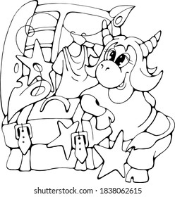 Pretty Cartoon Star Cow with travel bag, black and white isolated vector doodle stock illustration, print for coloring, books, greeting or invitation card, t-shirt, fabric, logo, website or apps