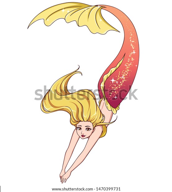 Pretty Cartoon Swimming Mermaid Blonde Hair Stock Vector Royalty