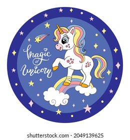 Pretty cartoon white unicorn stands on a rainbow with stars. Vector illustration circle shape on blue background. For party, print, baby shower, design, decor, dishes, bed linen and kids apparel