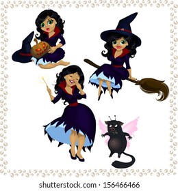 Pretty cartoon witch with imp isolated on white