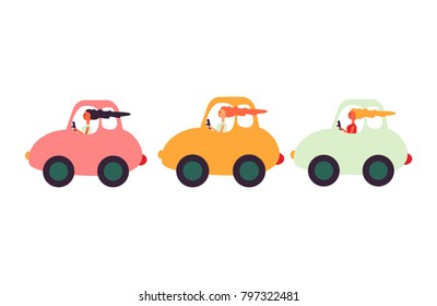 Pretty cartoon women driving vintage cars. Colorful flat illustration. Cartoon characters. Vector. 