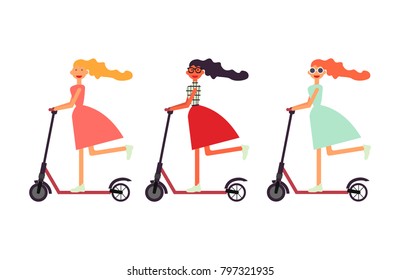 Pretty cartoon women riding scooters. Colorful flat illustration. Cartoon characters. Vector. 