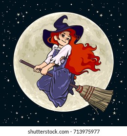 Pretty cartoon young witch flying on broom stick on full Moon background. Hand drawn sketch vector illustration isolated on night sky background.