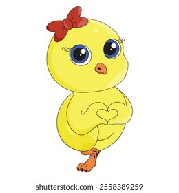 Pretty cartoonish style baby Chicken isolated white background. Cute lovesick bird template design. Vector illustration for Valentine's Day greeting card cover design. 