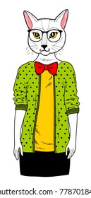 Pretty cat girl in clothes. Vector illustration of animal with human body in vector.