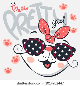 Pretty cat girl smiling wearing sunglasses and pink bow headband on isolated background illustration vector.