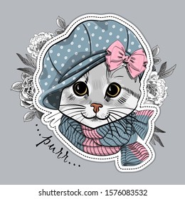 Pretty cat with hat, flowers and scarf. Vector illustration of dressed kitten.  