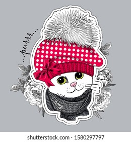 Pretty cat with hat, flowers and scarf. Vector illustration of dressed kitten.  