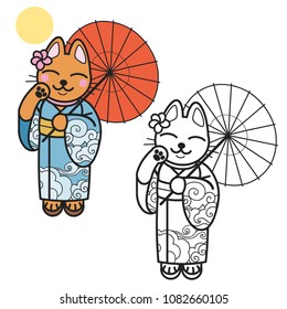 Pretty cat in kimono. Vector illustration