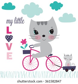 Pretty cat with little cat on bicycle vector illustration