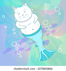 Pretty Cat Mermaid Underwater. Fishes on Background. Cartoon Vector Character.