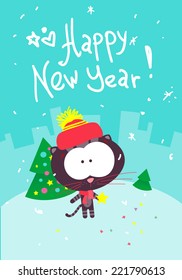 Pretty cat near a Christmas tree. "Happy New Year" greeting card. Vector illustration.