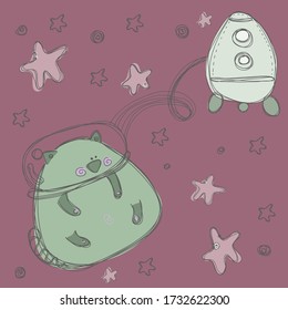 A pretty cat and space set, with a rocket,stars.Hand drawing vector cartoon scribble illustration.