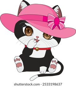 Gato bonito que lleva el Vector lindo de la expresión del sombrero rosa