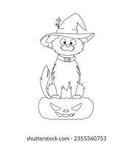 A pretty cat wearing a witch's hat is sitting on a pumpkin, patiently waiting for Halloween.Linear style.