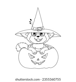 Un bonito gato con el sombrero de bruja sentado en una calabaza y esperando pacientemente Halloween. Estilo lineal.