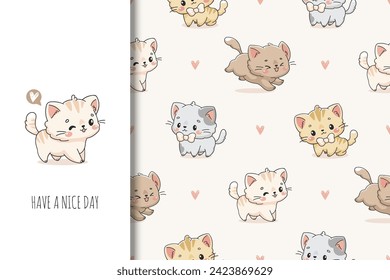 Pretty cats card and seamless background. Seamless kawaii kittens pattern for kids. Cute cat illustration