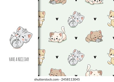 Pretty cats card and seamless background. Seamless kawaii kittens pattern for kids. Cute cat illustration