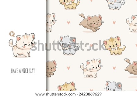 Pretty cats card and seamless background. Seamless kawaii kittens pattern for kids. Cute cat illustration