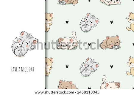 Pretty cats card and seamless background. Seamless kawaii kittens pattern for kids. Cute cat illustration