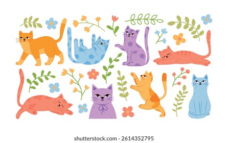 Pretty cats in different poses and pastel delicate floral botanical elements set. Trendy modern cute kitties, kittens, leaves and flowers collection. Hand drawn soft flat vector clipart.