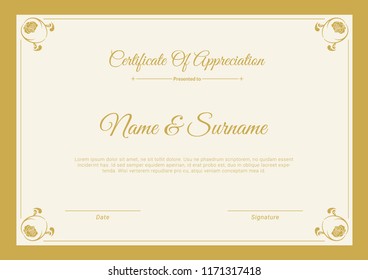 Pretty certificate of appreciation template design with golden color. vector certificate design.