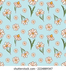 Pretty chamomile on light-blue background. Vector seamless pattern 