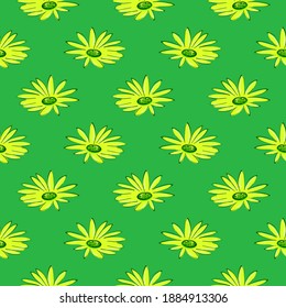 Pretty chamomile , seamless pattern on a bright green background.