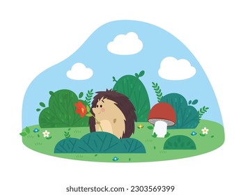 Pretty charming hedgehog with flower flat style, vector illustration isolated on white background. Green meadow with mushroom and bushes, blue sky with clouds, childish character