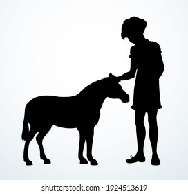 Pretty cheer joy funny teen human lady farmer care give feed food mane body mare mammal hand drawn logo art outline cartoon print style. Closeup summer school fun sport game ranch toy white text space