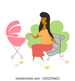 Pretty cheerful African american mother with baby carriage sits on bench in park. Modern young woman outdoors. Happy family on a walk. Lady rests and has fun.
