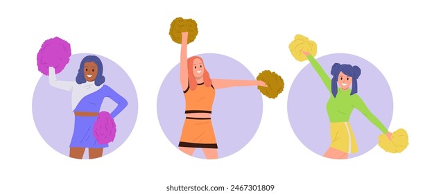 Pretty cheerleader girls cartoon characters with pompoms dancing isolated round composition set