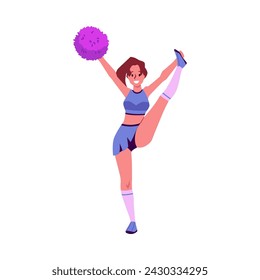 Pretty cheerleader is holding a pompom and dancing in action. Cartoon character performs the splits while standing. Sport fan uniform. Vector illustration isolated on white background