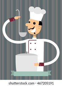 Pretty chef with a ladle and a pot of soup. Flat design.