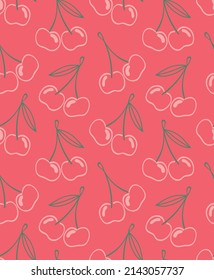 Pretty cherry. Seamless pattern vector illustration. Summer design with lovely berries on the pink background. Hand drew ink doodle style. Abstract fruit. 