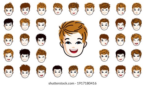 Pretty child boy faces and hairstyles heads vector illustrations set isolated on white background, early teenager kid happy attractive beautiful faces avatars collection with different haircuts.