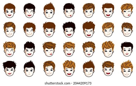 Pretty child boy faces and hairstyles heads vector illustrations set isolated on white background, early teenager kid happy attractive beautiful faces avatars collection with different haircuts.