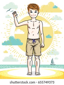 Pretty child boy standing in colorful stylish beach shorts. Vector human illustration. Childhood lifestyle clip art.