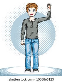 Pretty child boy standing in stylish casual clothes. Vector character. Childhood lifestyle clip art.