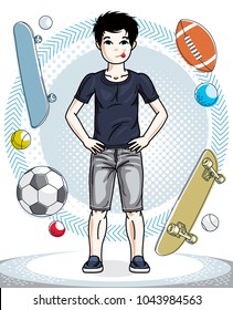 Pretty child boy standing in stylish casual clothes. Vector beautiful human illustration. Childhood lifestyle cartoon.
