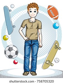 Pretty child boy standing in stylish casual clothes. Vector attractive kid illustration. Fashion theme clipart.