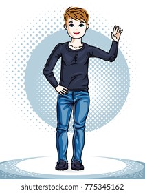 Pretty child boy standing in stylish casual clothes. Vector kid illustration. Childhood lifestyle cartoon.