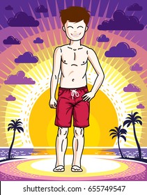 Pretty child boy standing wearing fashionable beach shorts. Vector human illustration. Fashion and lifestyle theme cartoon.